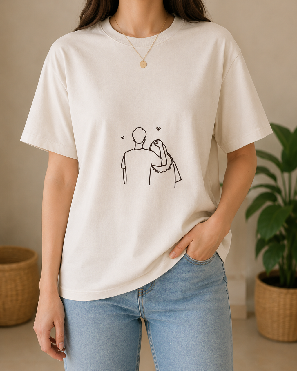 Couple Line Art Oversized Tee - Front View